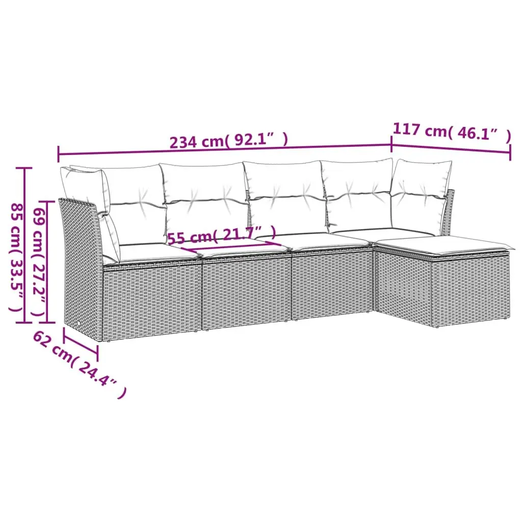 5 Piece Garden Sofa Set Black Outdoor Furniture Patio Rattan Lounge with