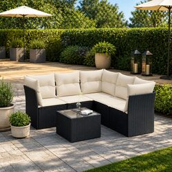 Garden Sofa Set 6 Piece Outdoor Furniture Black Rattan Patio Sectional with