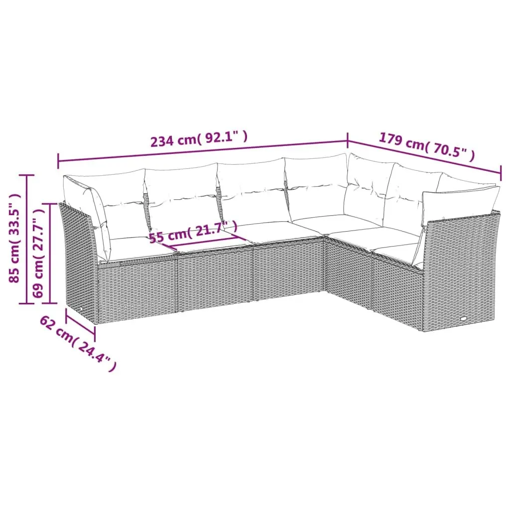 Outdoor Furniture Set Grey Modular 6 Piece Patio Sofa with PE Rattan and Cushions