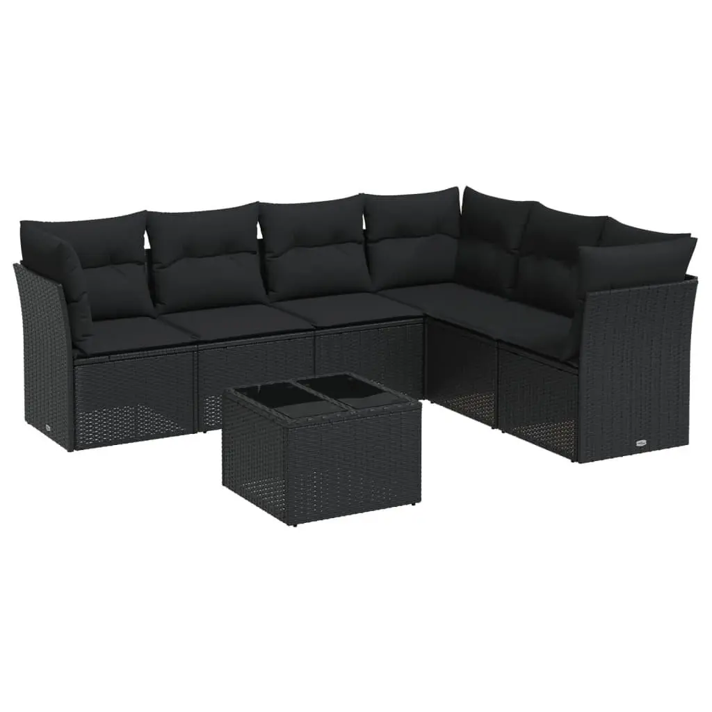 7 Piece Modular Garden Sofa Set Black Poly Rattan with Cushions and Tempered Glass Tabletop