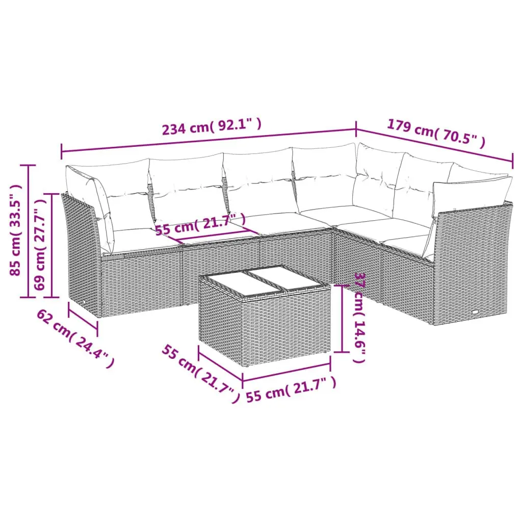 7 Piece Modular Garden Sofa Set Black Poly Rattan with Cushions and Tempered Glass Tabletop