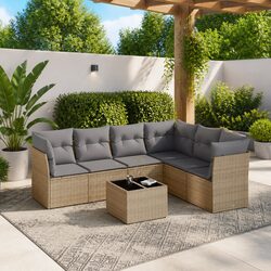Outdoor Garden Sofa Set 7 Piece Beige Poly Rattan Patio Furniture with Cushions