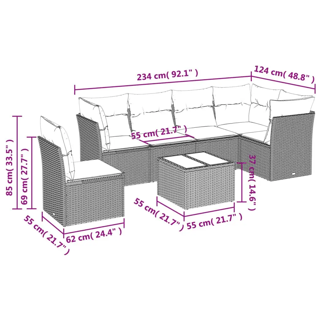 7 Piece Garden Sofa Set Outdoor Patio Furniture with Cushions Black Rattan
