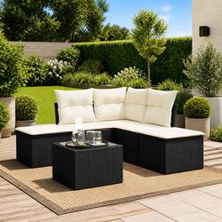 Garden Sofa Set 6 Piece Outdoor Furniture Black Poly Rattan with Cushions Patio