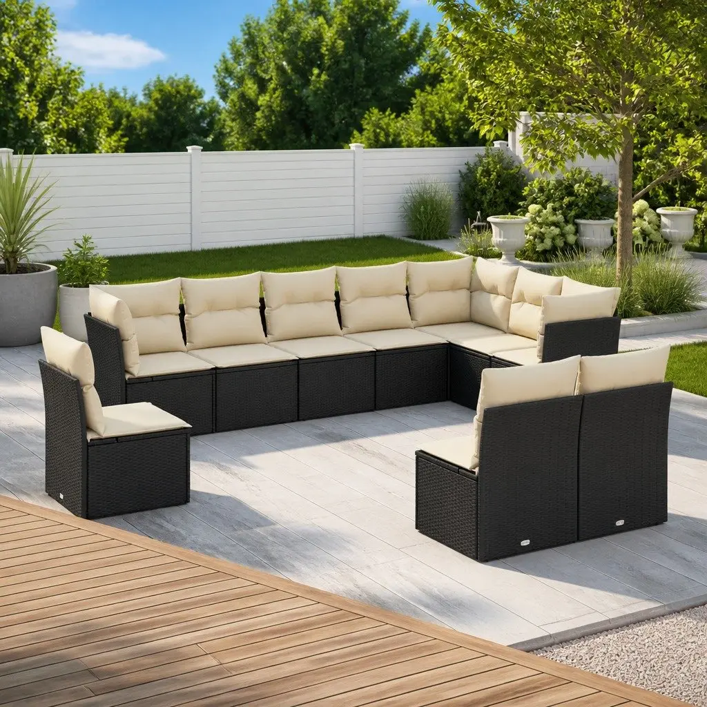 Modular Outdoor Patio Sofa Set Black with Cushions 10 Piece Garden Furniture