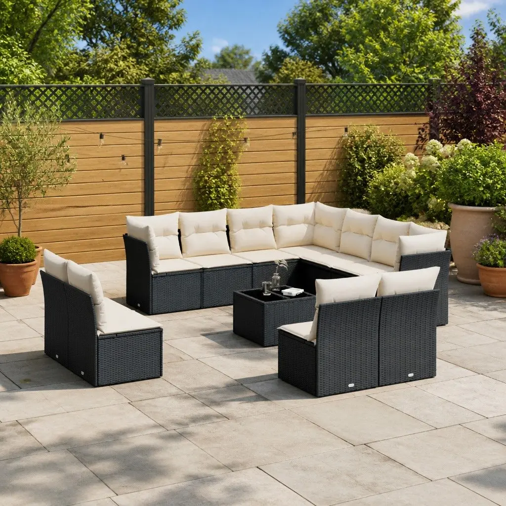 Outdoor Furniture Set Modular Black Poly Rattan 12 Piece Garden Sofa with Cushions and Tempered Glass Top