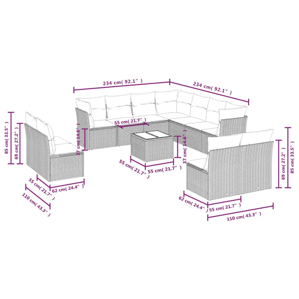 Outdoor Furniture Set Modular Black Poly Rattan 12 Piece Garden Sofa with Cushions and Tempered Glass Top