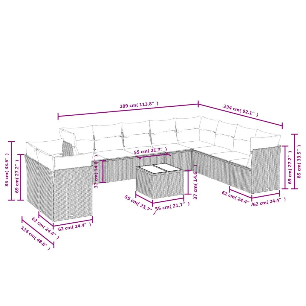 Outdoor Modular Garden Sofa Set 11 Piece Grey Poly Rattan Furniture with Cushions and Tempered Glass Tabletop
