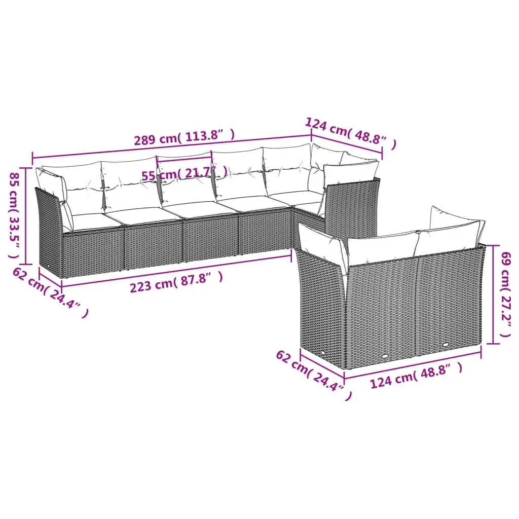 Garden Sofa Set 8 Piece Outdoor Furniture Modular Patio Seating Grey Cushions