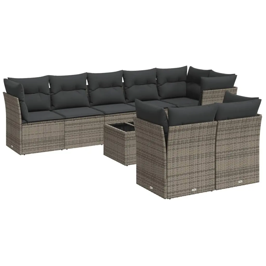 Outdoor Garden Sofa Set 9 Piece Grey Poly Rattan Patio Furniture with Cushions