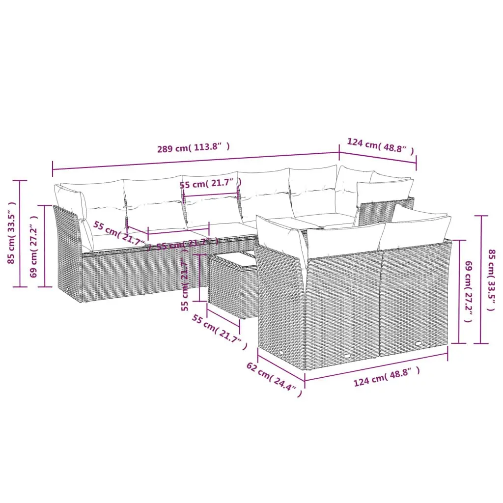 Outdoor Garden Sofa Set 9 Piece Grey Poly Rattan Patio Furniture with Cushions