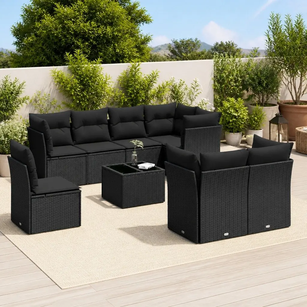 9 Piece Outdoor Sofa Set Modular Black PE Rattan with Cushions