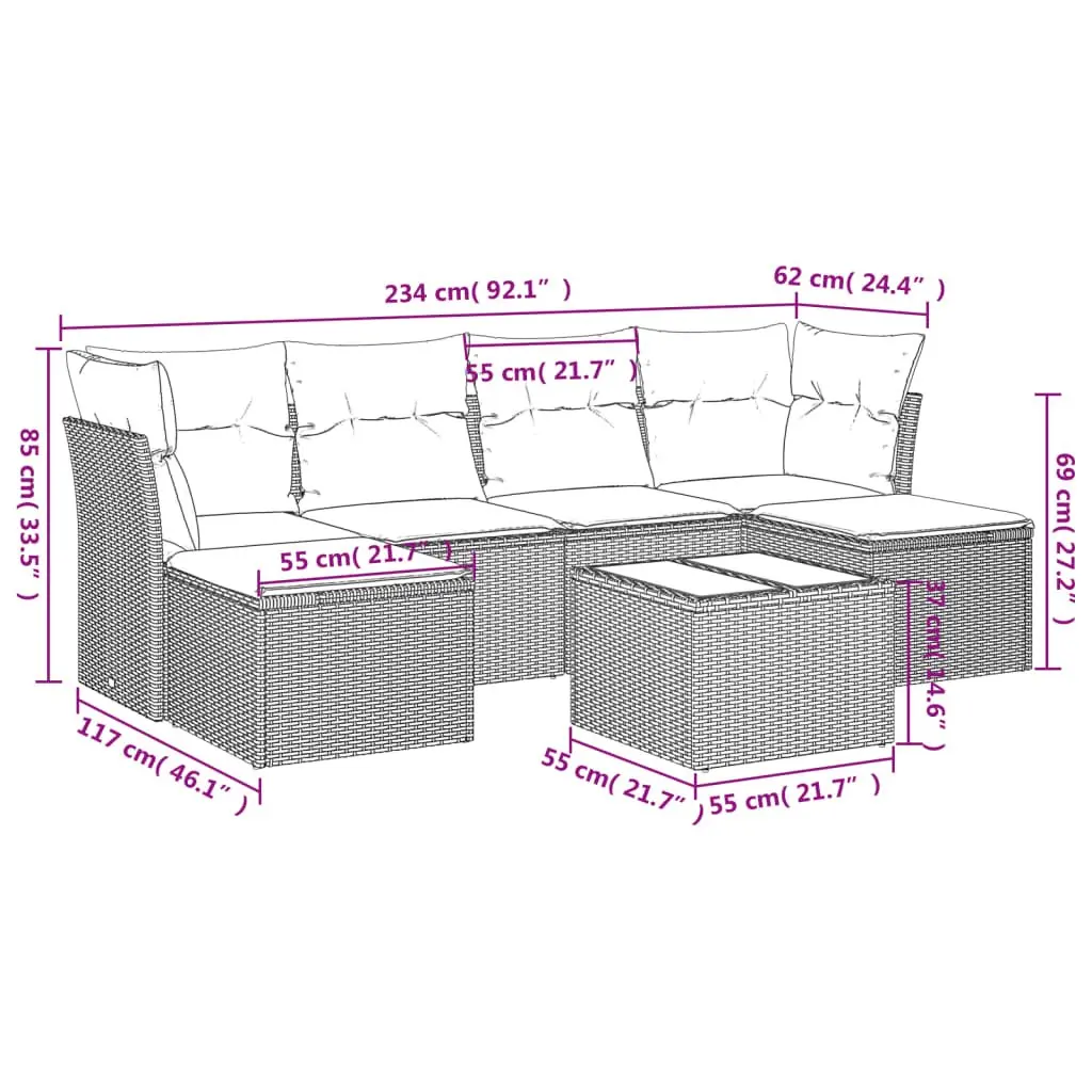 7 Piece Outdoor Furniture Set Black Poly Rattan Garden Sofa with Cushions