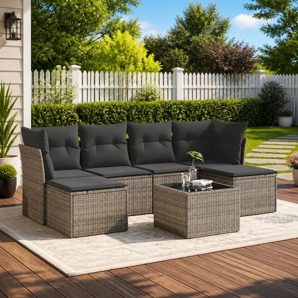 Garden Sofa Set Grey Poly Rattan 7 Piece Outdoor Furniture with Cushions