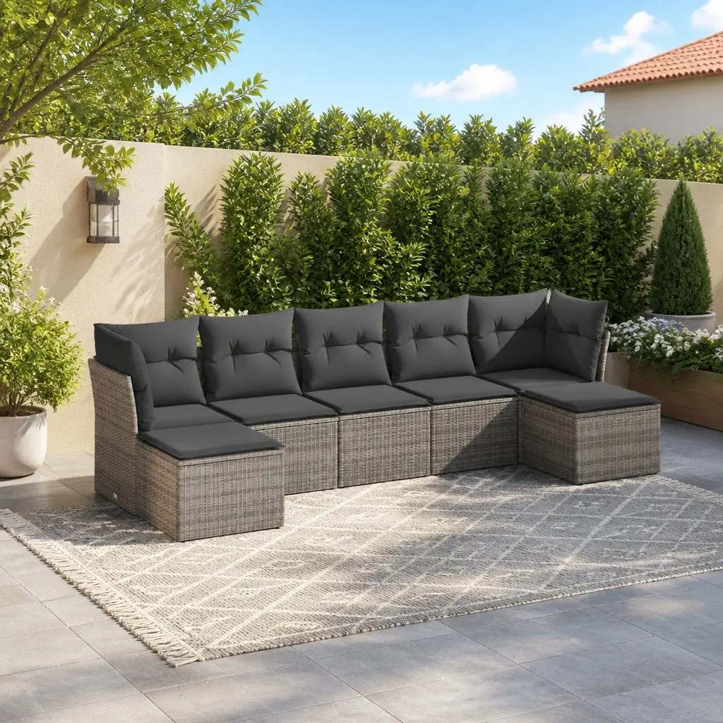 7 Piece Garden Sofa Set Outdoor Patio Furniture Cushions Grey Poly Rattan