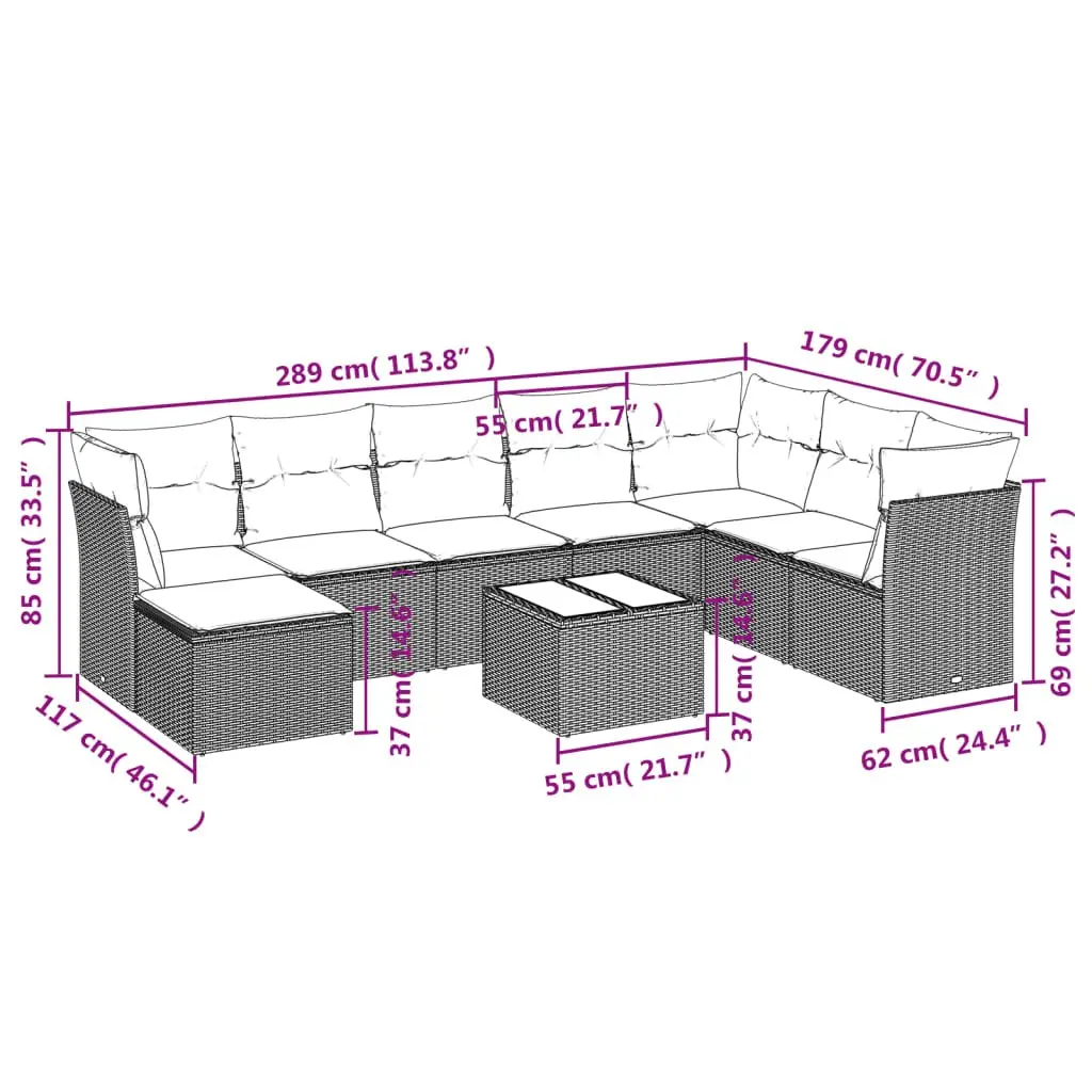 Garden Sofa Set Black Poly Rattan 9 Piece Outdoor Patio Furniture with Cushions
