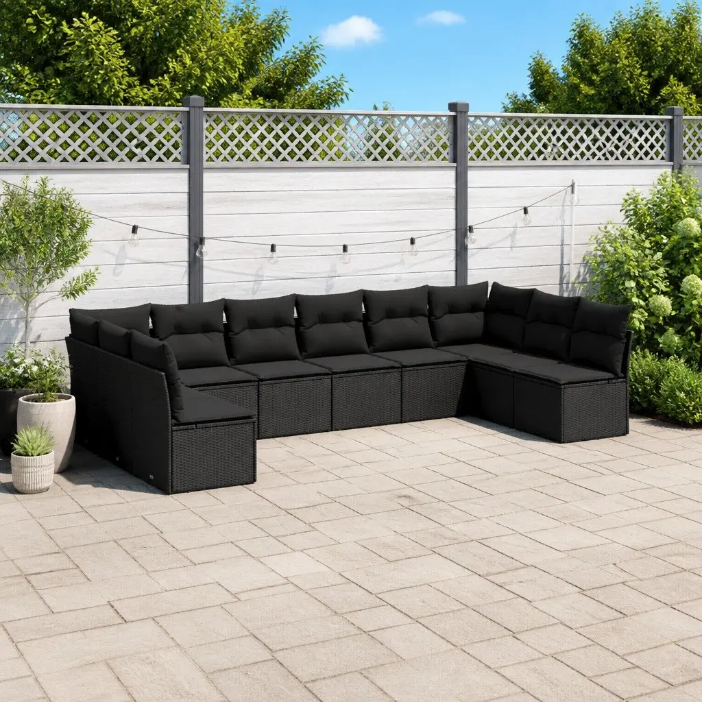 10 Piece Modular Outdoor Garden Sofa Set Black PE Rattan with Cushions