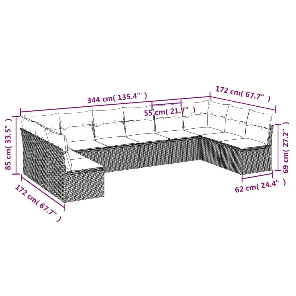 10 Piece Modular Outdoor Garden Sofa Set Black PE Rattan with Cushions