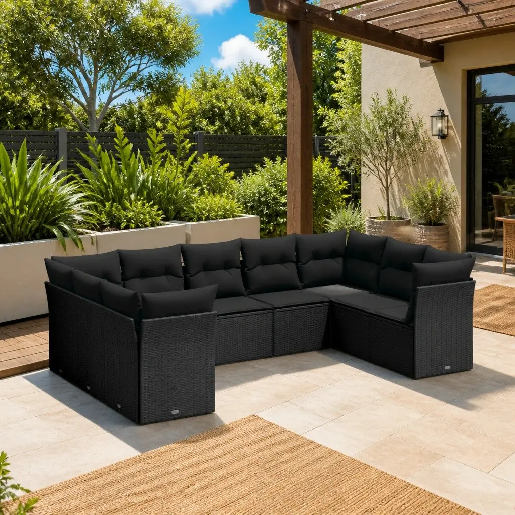 Outdoor Sofa Set 9 Piece Garden Furniture Patio Lounge Black Poly Rattan Modular