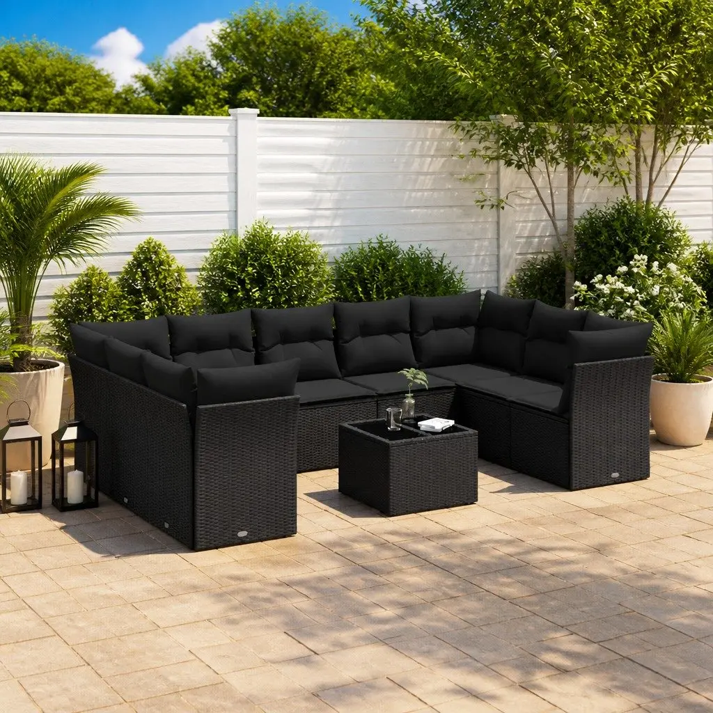 Outdoor Furniture Set Modular Garden Sofa 10 Piece Black Poly Rattan with Cushions
