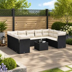 Garden Sofa Set 10 Piece Outdoor Patio Furniture Black Poly Rattan with Cushions