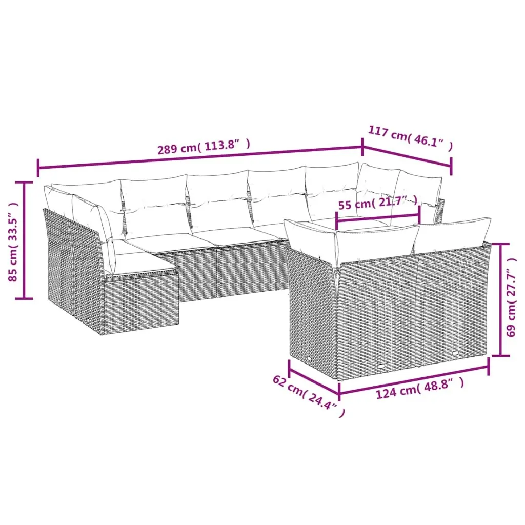 Garden Sofa Set 9 Piece PE Rattan Outdoor Furniture Weather Resistant with Cushions