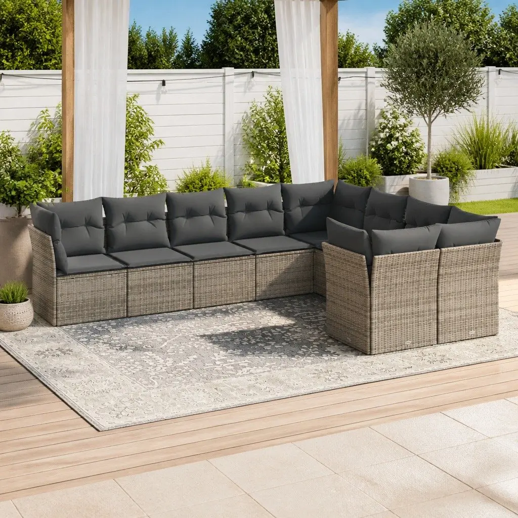 9PiecePatioFurnitureModularGreyPolyRattanOutdoorGardenSofaSetWithCushions