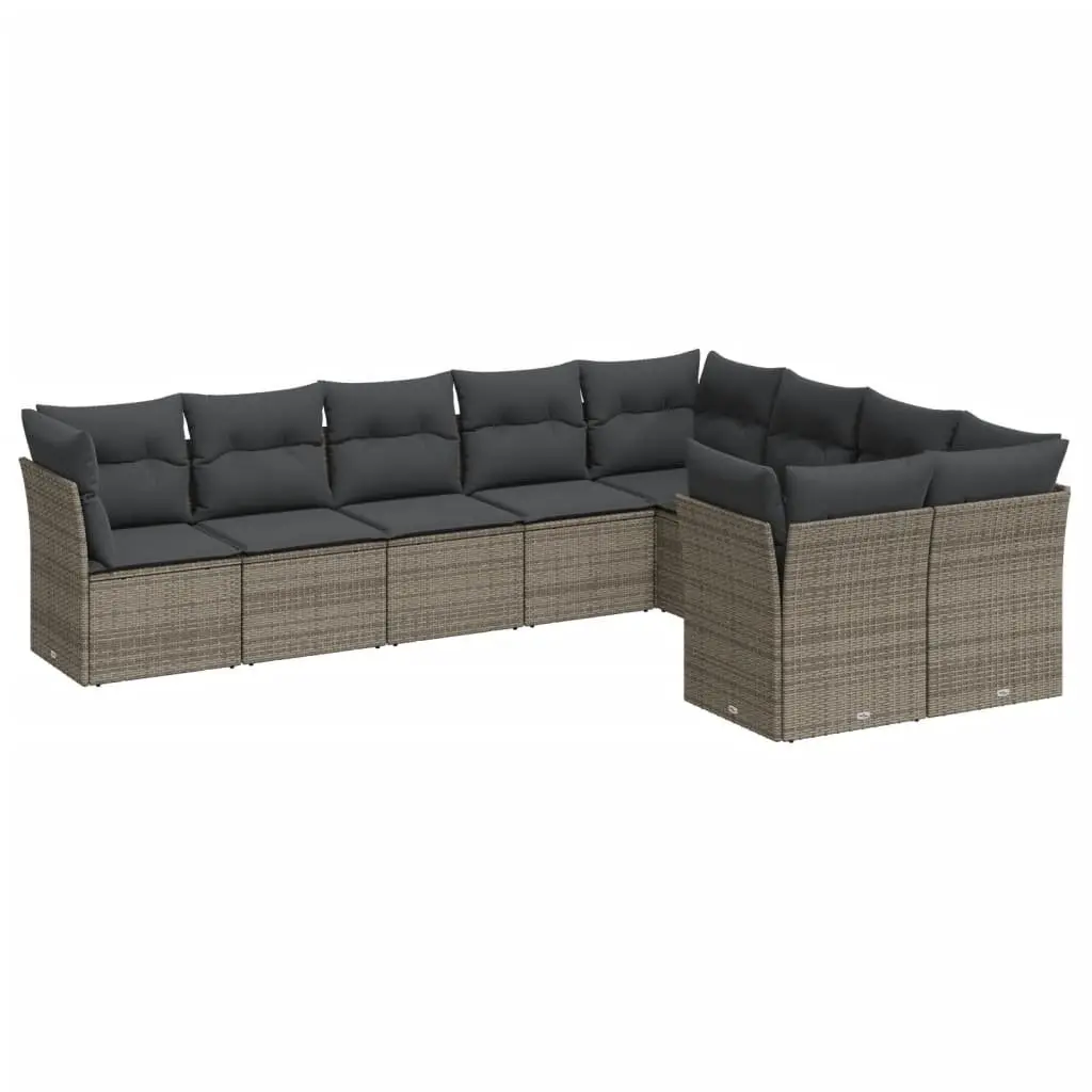 9PiecePatioFurnitureModularGreyPolyRattanOutdoorGardenSofaSetWithCushions