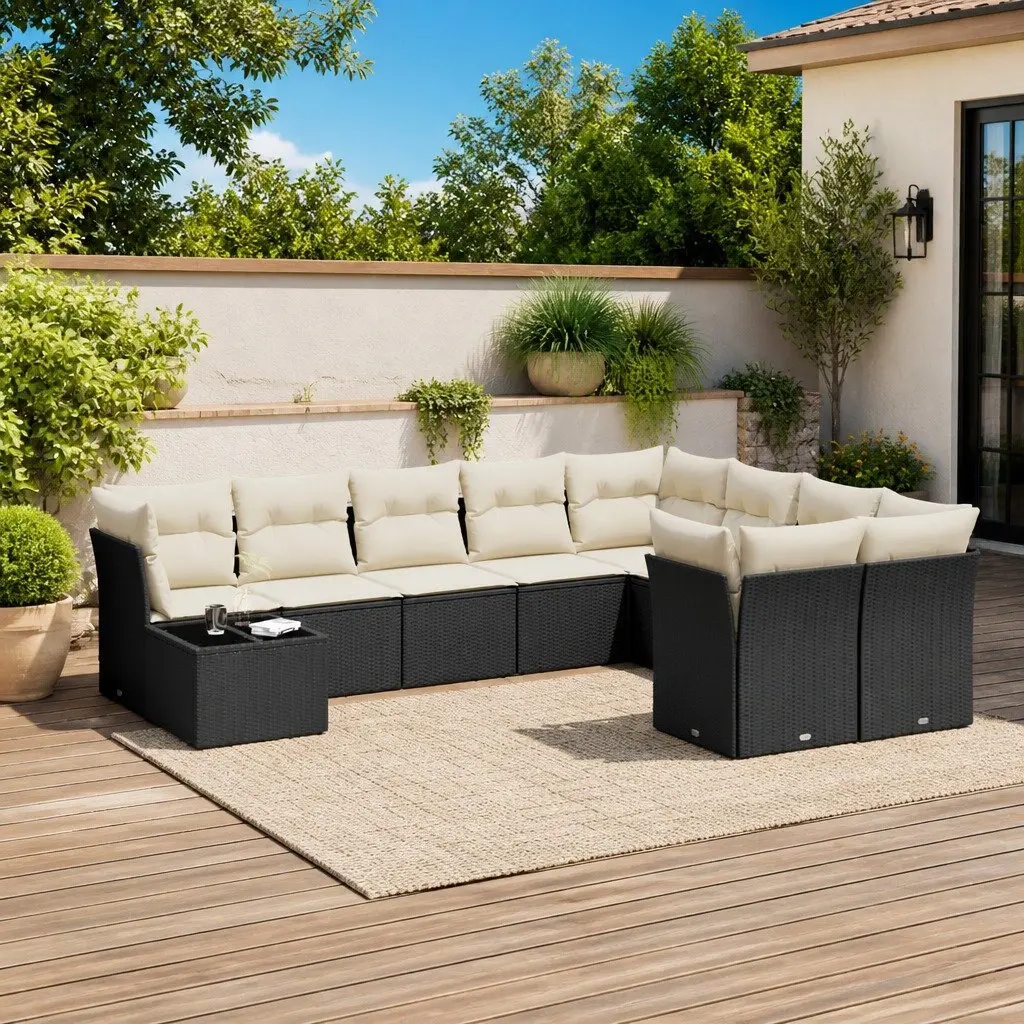 Garden Sofa Set 10 Piece Outdoor Furniture Black Poly Rattan Cushions Patio