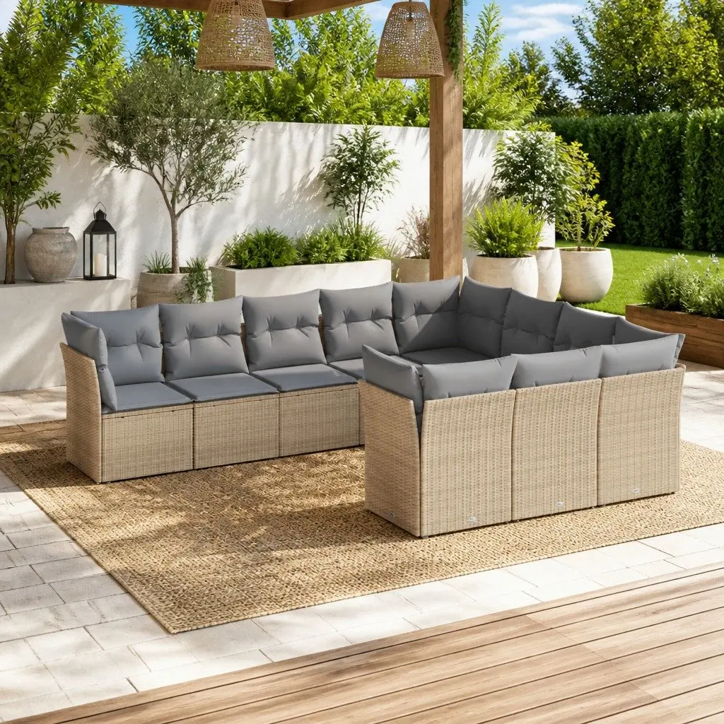 Garden Sofa Set 10 Piece Outdoor Furniture Patio Sectional Beige Cushions