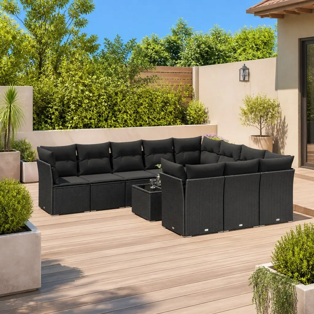 Outdoor Furniture Set 11 Piece Modular Black Poly Rattan Sofa with Cushions and Tempered Glass Table