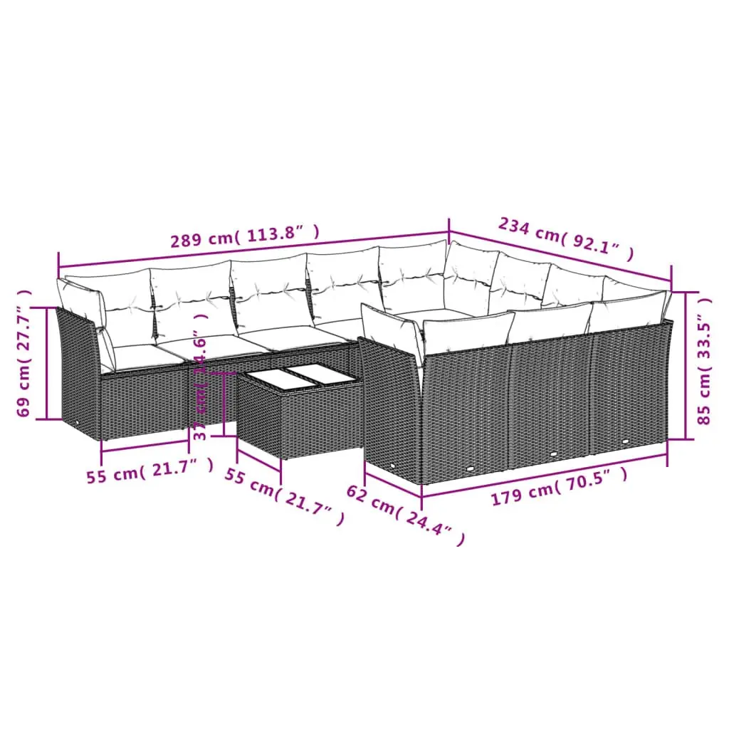 Outdoor Furniture Set 11 Piece Modular Black Poly Rattan Sofa with Cushions and Tempered Glass Table