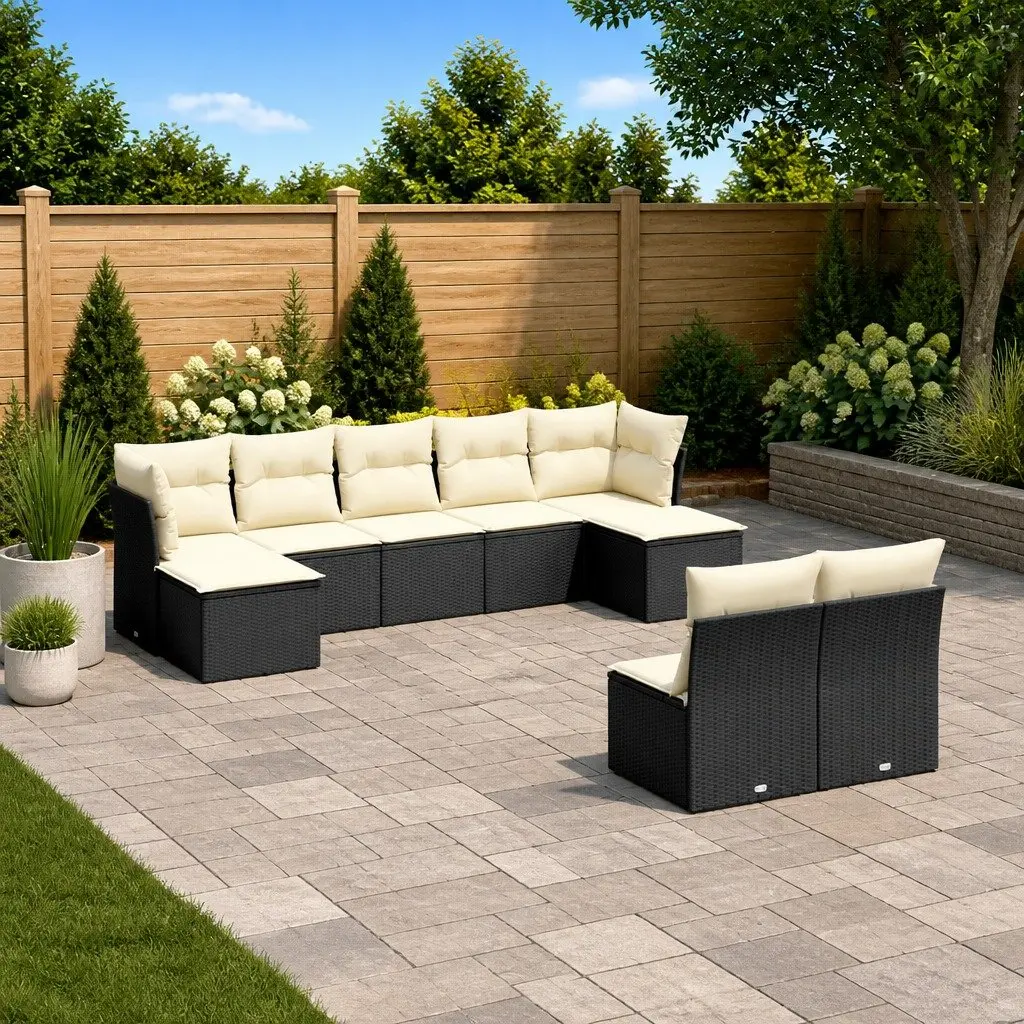 Outdoor Sofa Set 9 Piece Black Cushioned Rattan Furniture for Patio and Garden