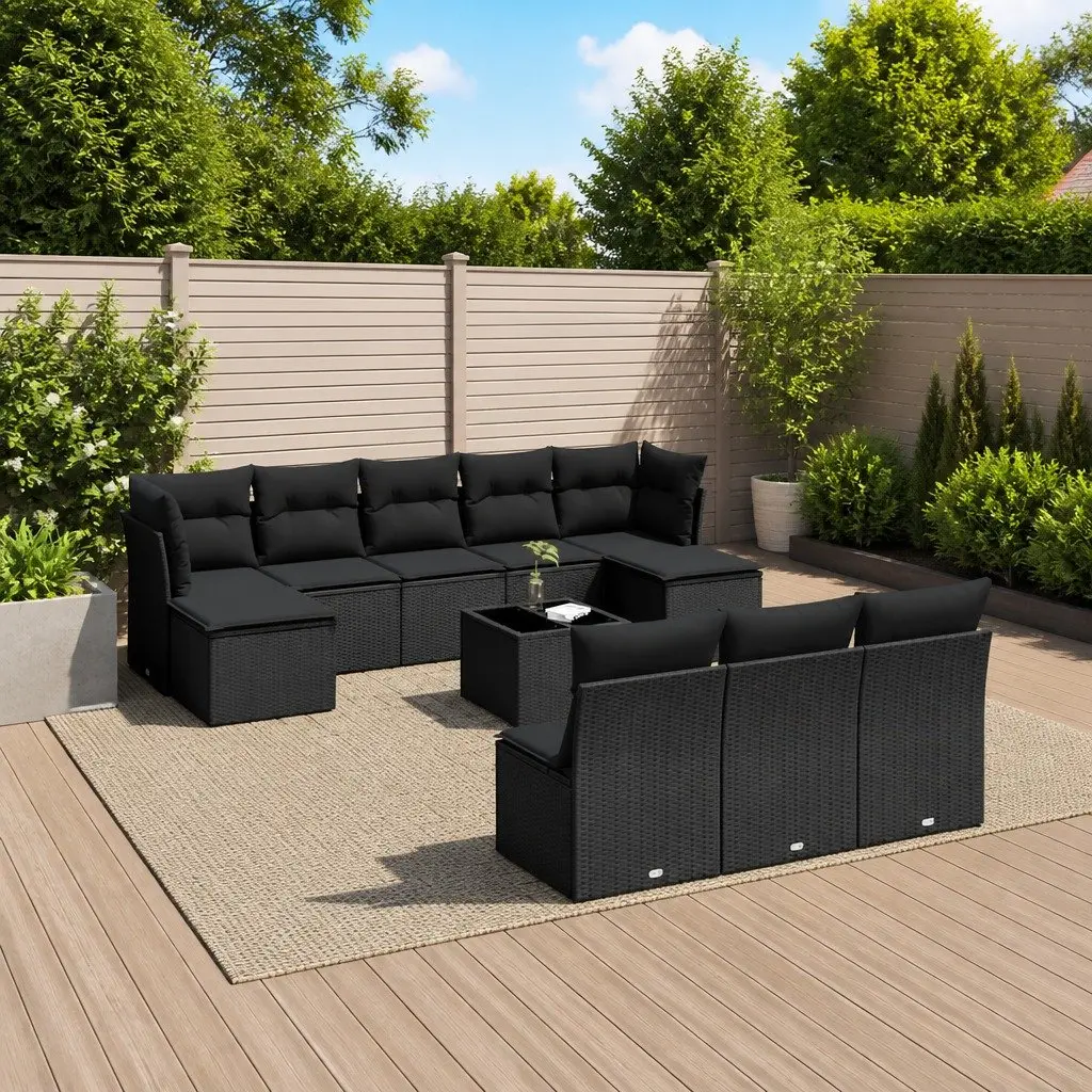 Outdoor Garden Sofa Set 11 Piece Black Poly Rattan Modular Patio Furniture with