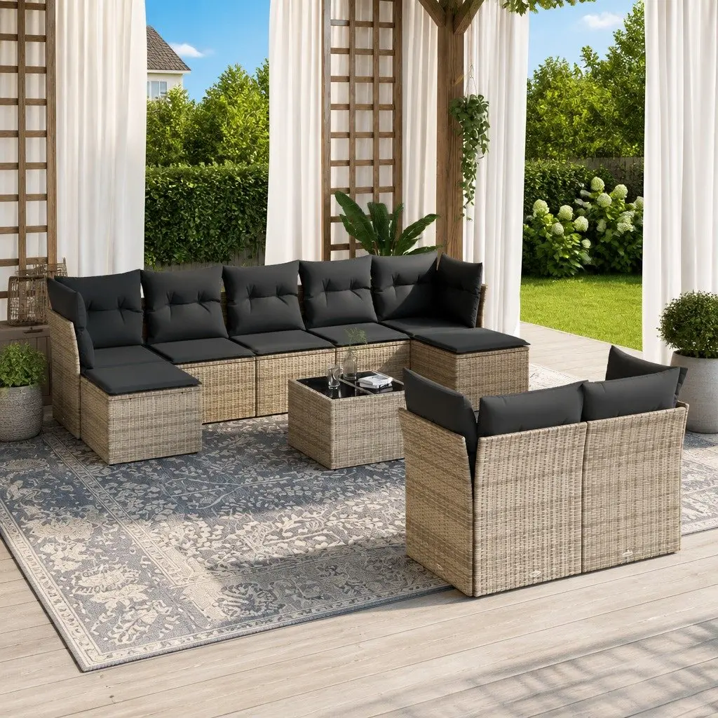 Garden Sofa Set 10 Piece Grey Poly Rattan Outdoor Furniture with Cushions