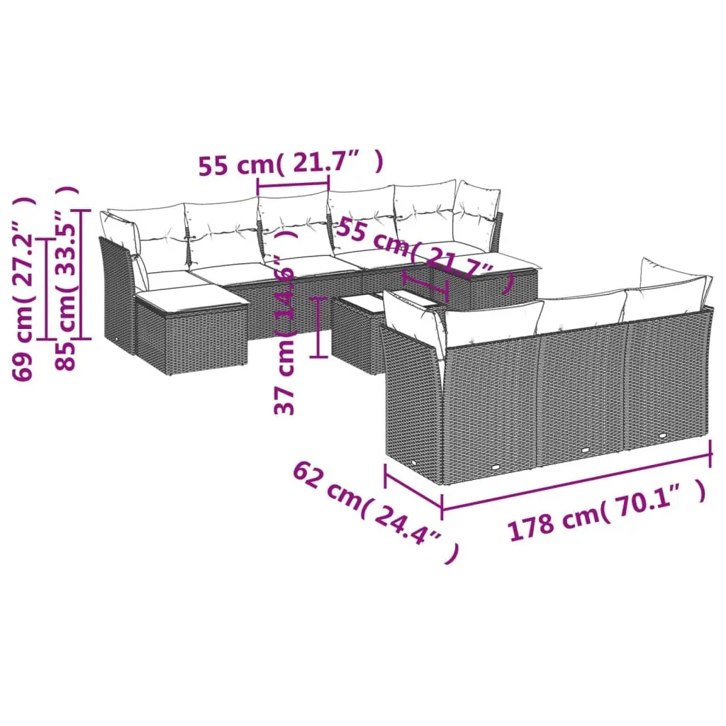 Garden Sofa Set 11 Piece Outdoor Furniture Grey Poly Rattan Modular Patio