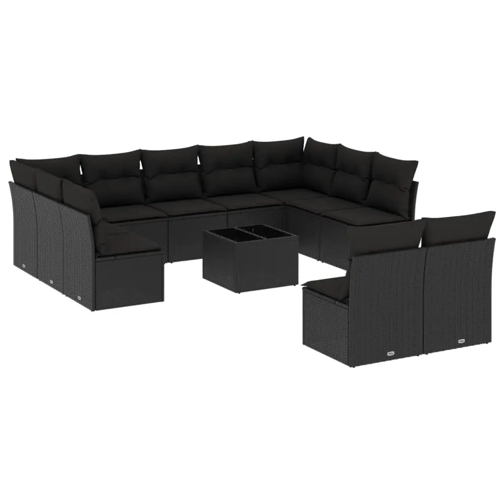 Garden Sofa Set 12 Piece Black Poly Rattan Outdoor Furniture with Cushions