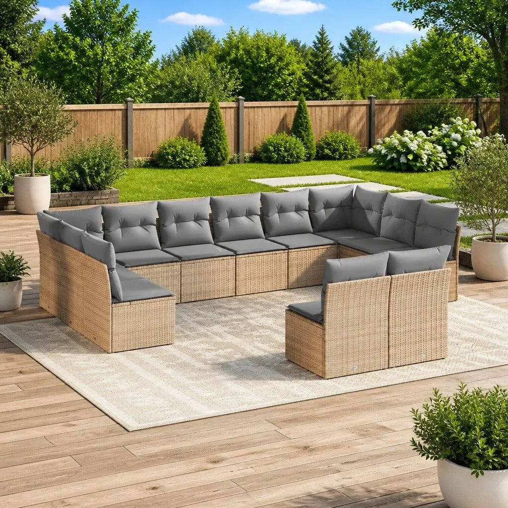Outdoor Garden Sofa Set 12 Piece Beige Poly Rattan Modular Patio Furniture with