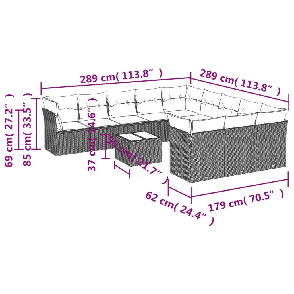 12 Piece Modular Garden Sofa Set Outdoor Furniture Black Poly Rattan with Cushions