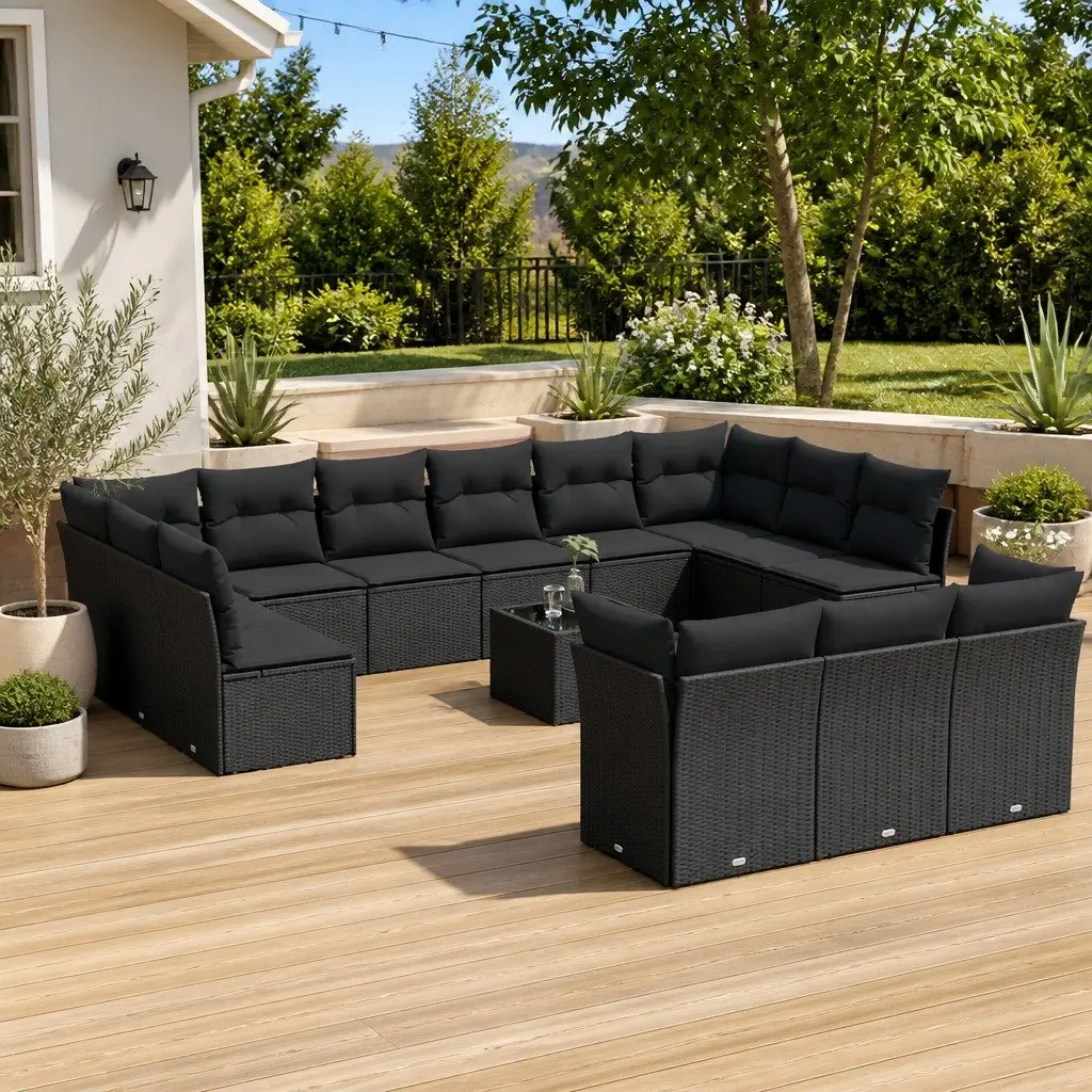 Garden Sofa Set 14 Piece Outdoor Furniture Black Poly Rattan Modular Patio