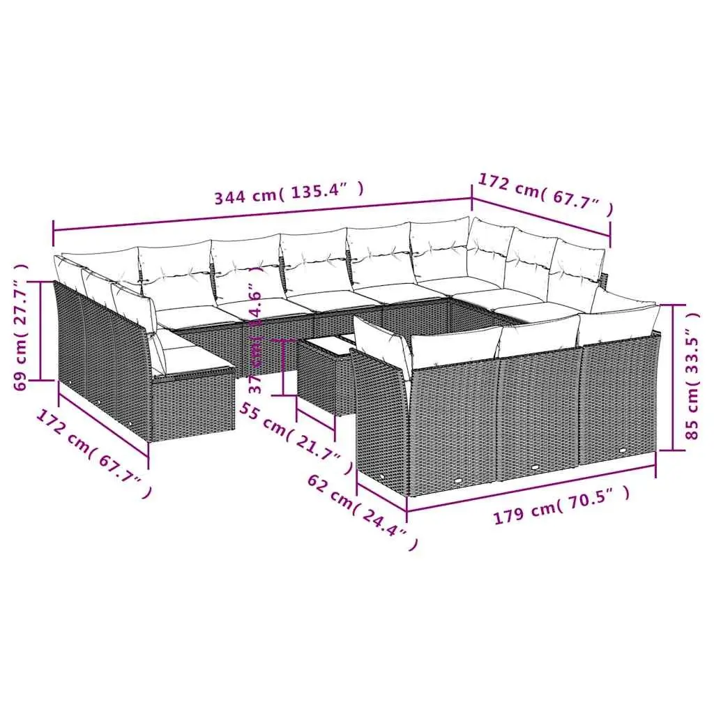 Garden Sofa Set 14 Piece Outdoor Furniture Black Poly Rattan Modular Patio