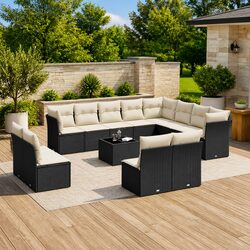 Garden Sofa Set 13 Piece Outdoor Furniture Black Poly Rattan with Cushions Table