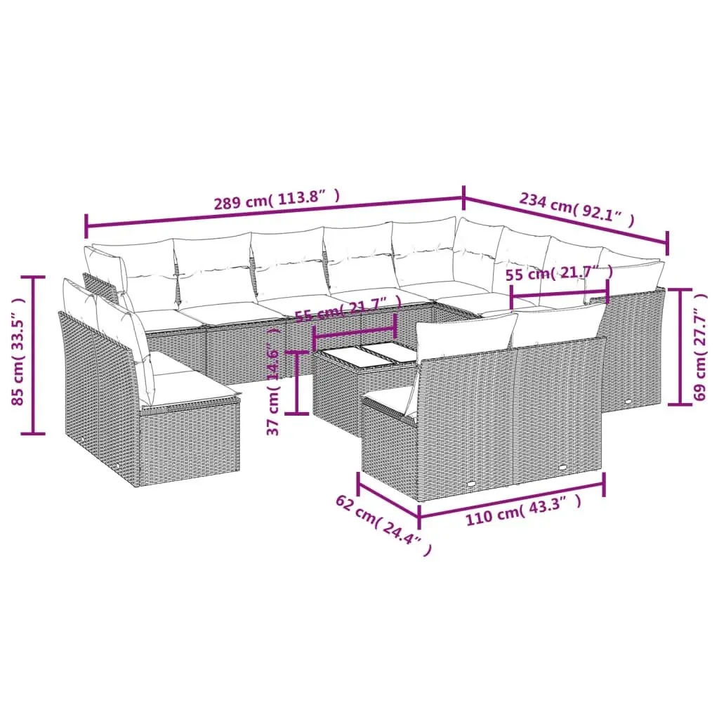 Garden Sofa Set Modular Grey 13 Piece Outdoor Furniture with Cushions