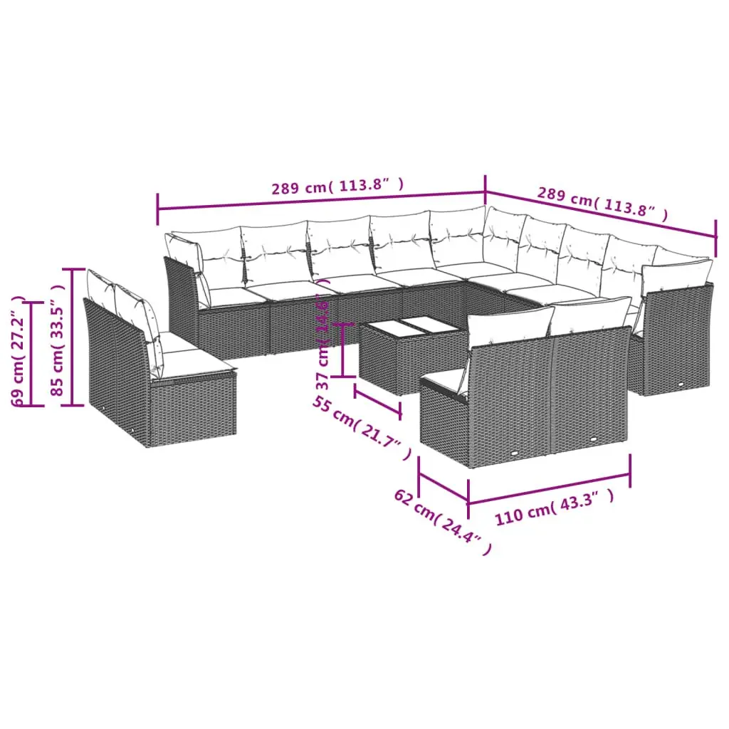 Garden Sofa Set 14 Pieces Outdoor Furniture Patio Black Poly Rattan with