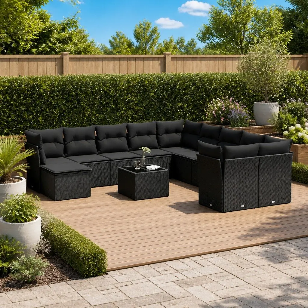 12 Piece Modular Garden Sofa Set Black Weather Resistant Poly Rattan with Cushions