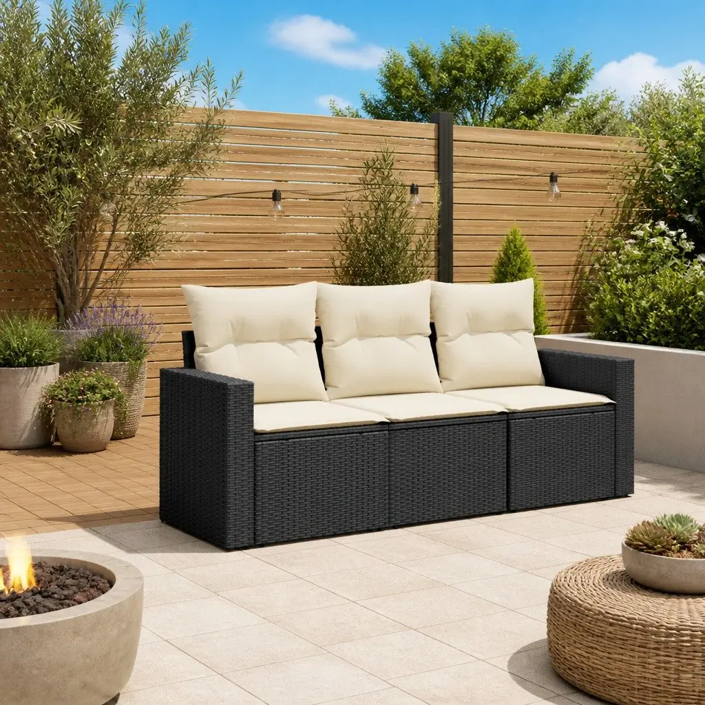 Garden Sofa Set Black Poly Rattan 3 Piece with Cushions