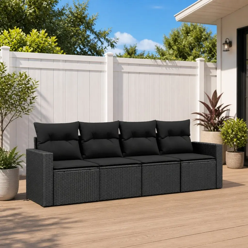 Garden Sofa Set 4 Piece Outdoor Furniture with Cushions Black Poly Rattan