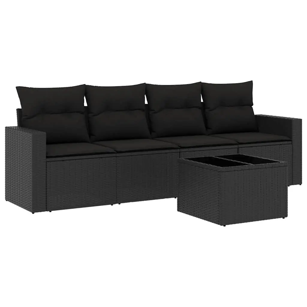 5 Piece Garden Sofa Set Black Poly Rattan Outdoor Furniture with Cushions Glass