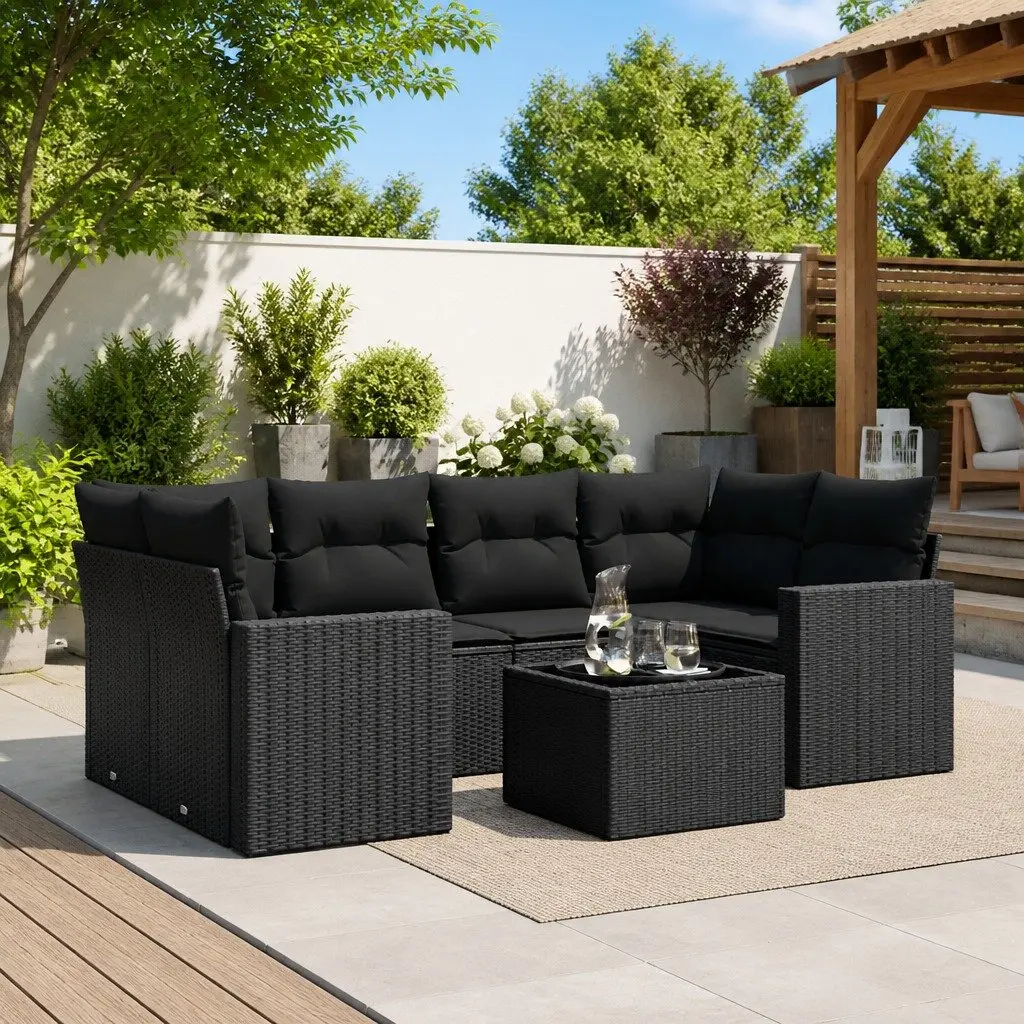 7 Piece Garden Sofa Set Black Poly Rattan Outdoor Furniture