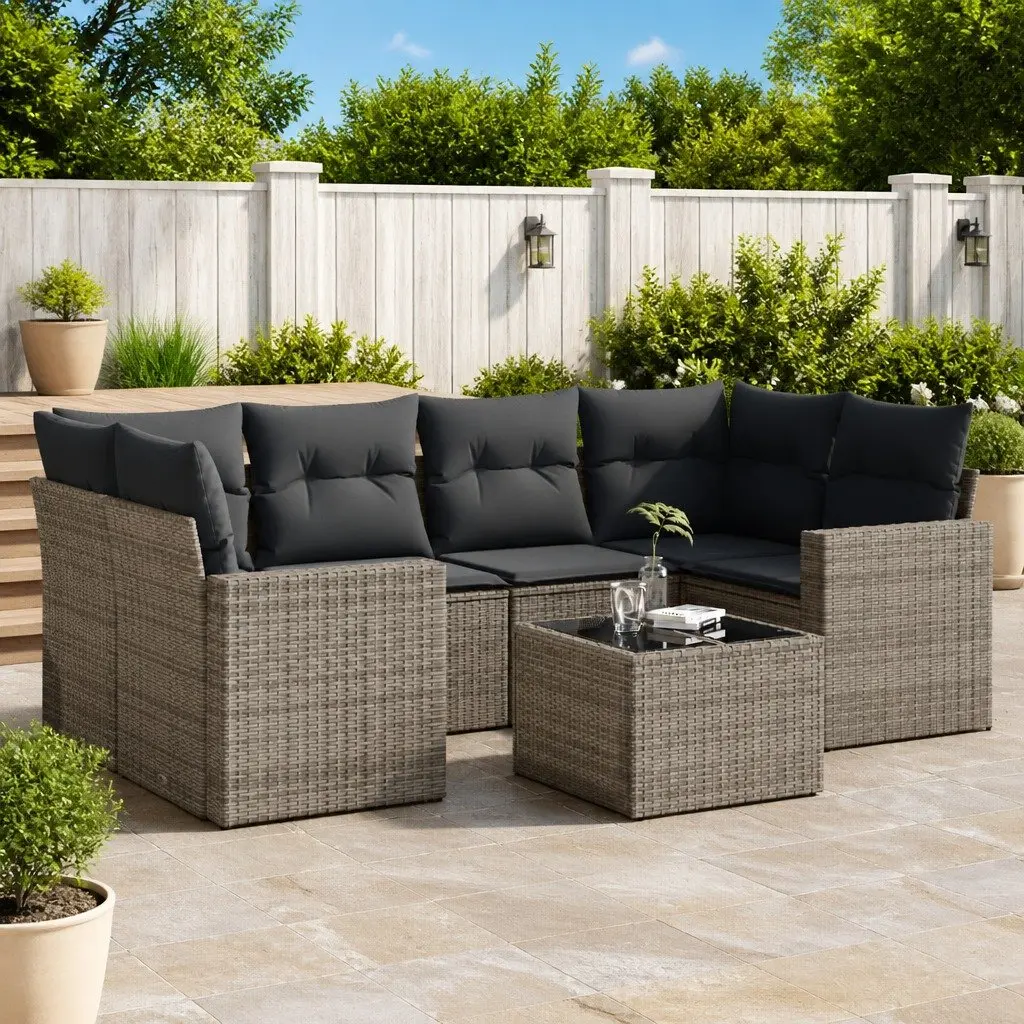Garden Sofa Set 7 Piece Outdoor Furniture Grey Poly Rattan Patio Lounge with